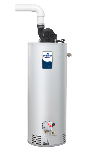 Bradford White TTW® 75 Gallon High Input Residential Gas (Natural) Power Vent Water Heater. 6-Year Tank Warranty, 76,000 BTU/Hr., 120 Volts, Single Phase, with Power Cord included.
