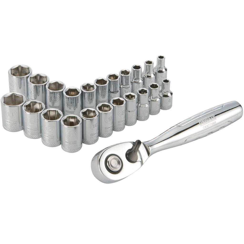 Product image for DEW DWMT72160 23PC 1/4 DR SOCKET RAIL W/RATCHET-SAE/MM