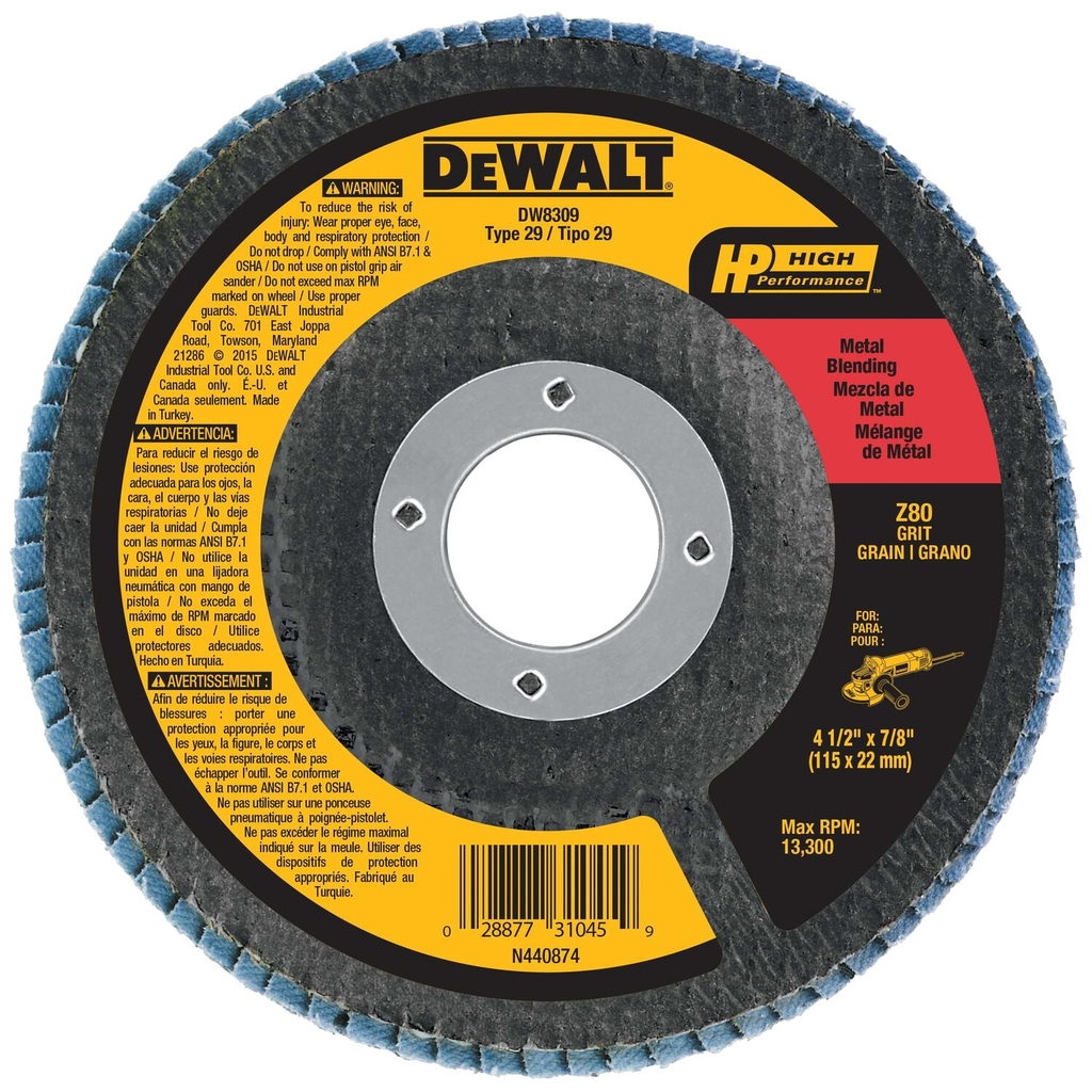 Product image for DeWalt DW8309 4-1/2" x 7/8" 80g type 29 HP flap disc