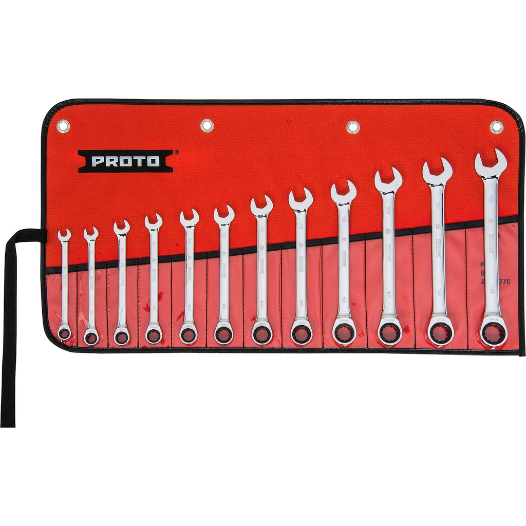 Product image for Proto JSCRMT-12S 12 Piece Full Polish Metric Combination Non-Reversible Ratcheting Wrench Set - 12 Point.