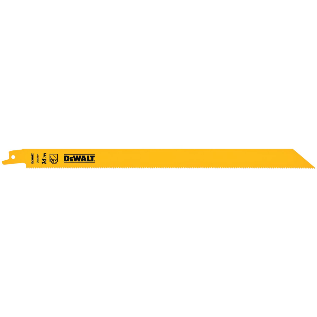 Product image for DeWalt DW4838 12" 14 TPI Straight Back Bi-Metal Reciprocating Blade (5 pack)
