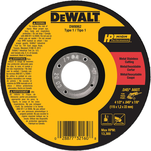 DEWALT 4-1/2-Inch Diameter By .045-Inch Thick Metal Cutting Abrasive Wheel With 7/8-Inch Arbor