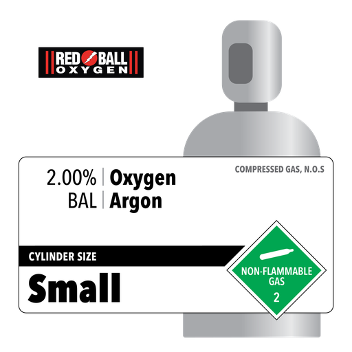 2.00% Oxygen, BAL Argon, Small, Industrial, 128 ft3, High Pressure Steel (HPS), CGA 580