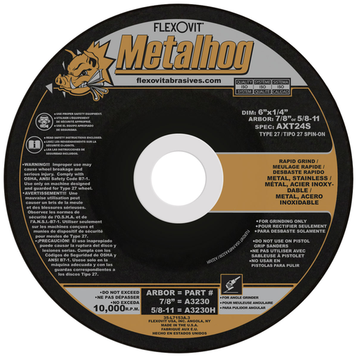 Flexovit A3230 6 Inch x 1/4 Inch T-27 Metalhog Grinding Wheel, Max 10,000 RPM