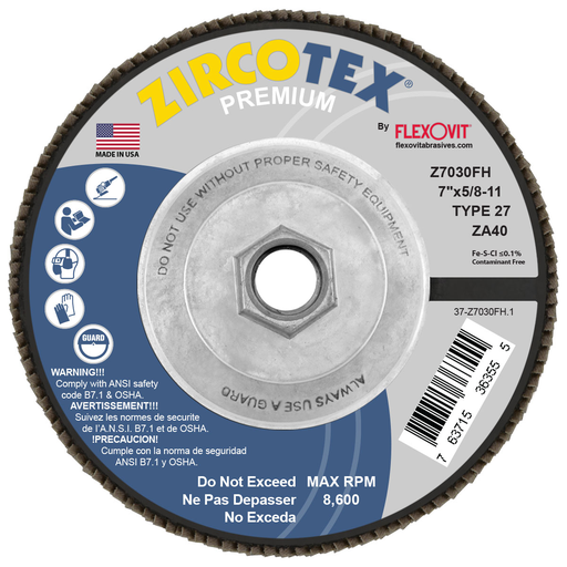 Flexovit Z7030FH 7 Inch Type 27 ZIRCOTEX Flap Disc, 40 Grit, 5/8-11 Arbor, 8600 RPM