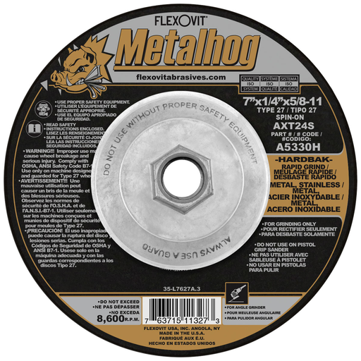 Flexovit A5330H 7 Inch Type 27 Metalhog Grinding Wheel, 1/4 Inch Thick, 8600 RPM