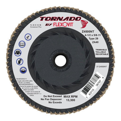 Flexovit Z4500NT TORNADO 4-1/2 Inch Zirconia Flap Disc, 40 Grit, 13300 MAX RPM