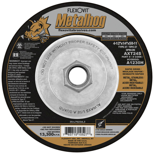 Flexovit A1230H Metalhog 4-1/2 Inch x 1/4 Inch Grinding Wheel, Type 27, MAX RPM 13,300