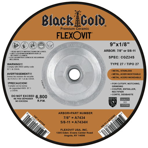 Flexovit ZA24S Cut-Off Wheel, 9" x 1/8" x 5/8-11" Type 27