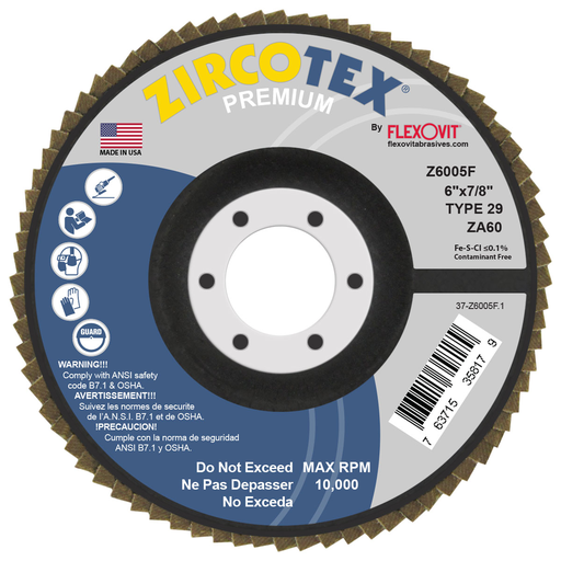 Flexovit Z6005F ZIRCOTEX 6 Inch x 7/8 Inch 60 Grit Type 29 Flap Disc