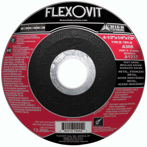 Flexovit A1237 Ergonomic Depressed Center Grinding Wheel 4-1/2 Inch x 1/4 Inch x 7/8 Inch, Max RPM 13,300