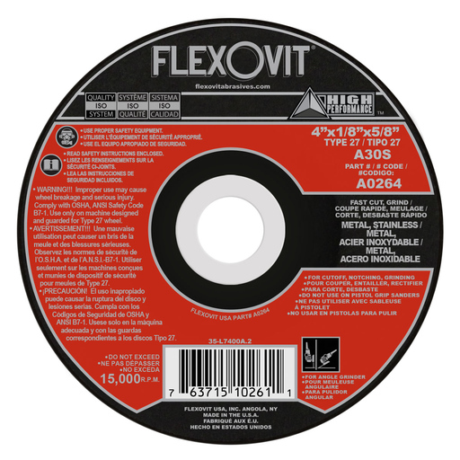Flexovit A30S Cut-Off Wheel, 4" x 1/8" x 5/8" Type 27