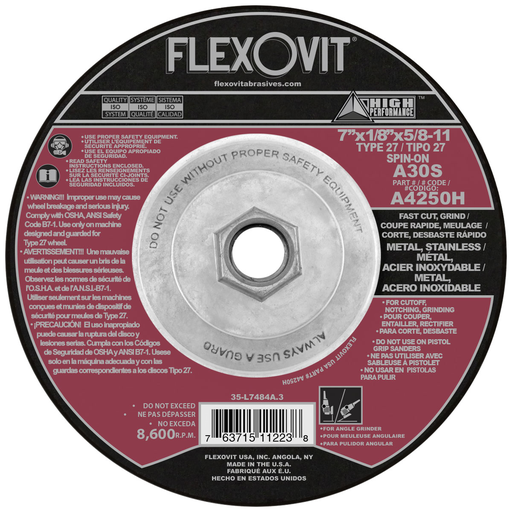 Flexovit A30S Cut-Off Wheel, 7" x 1/8" x 5/8-11" Type 27