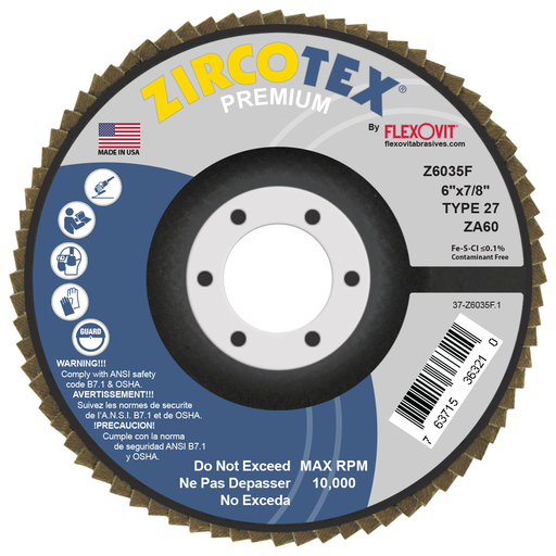 Flexovit Z6035F ZIRCOTEX 6 Inch x 7/8 Inch Type 27 Flap Disc, Grit 60, Max RPM 10000