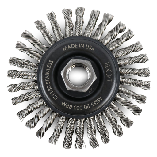 Flexovit C1180 4 Inch Stainless Steel Wire Wheel Brush, 1/4 Inch Face Width, 5/8-11 Thread, Max RPM 20000