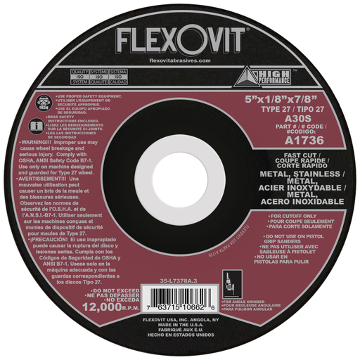Flexovit A1736 Type 27 HIGH PERFORMANCE 30 Grit Cut-Off Wheel for Metals