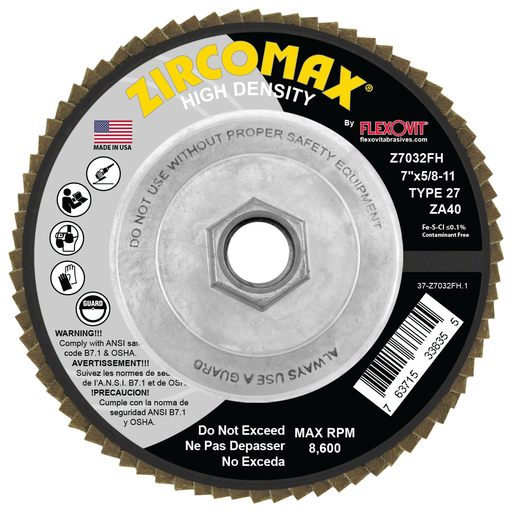 Flexovit Z7032FH 7 Inch Type 27 Zircomax Flap Disc, 40 Grit, Extra Long Life, For Angle Grinder