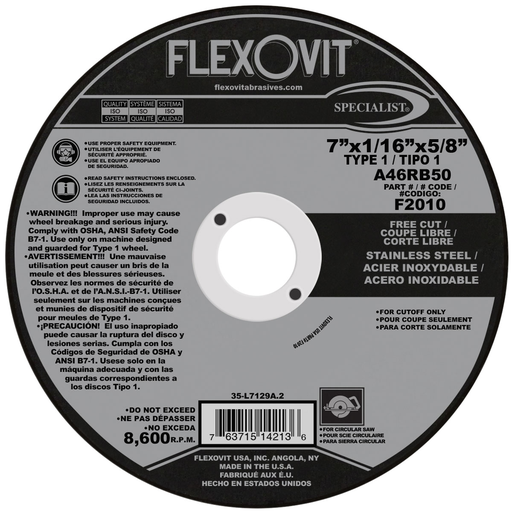 Flexovit A46RB50 Cut-Off Wheel, 7" x 1/16" x 5/8" Type 1