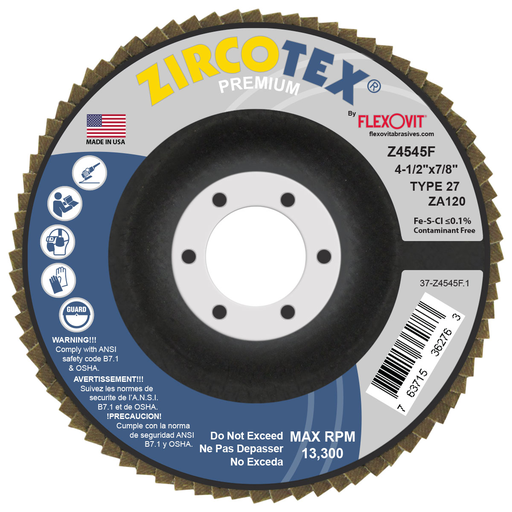 Flexovit Z4545F ZIRCOTEX 4-1/2 Inch x 7/8 Inch Type 27 Flap Disc, Grit 120, Max RPM 13300