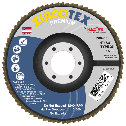 Flexovit Z6040F ZIRCOTEX 6 Inch x 7/8 Inch 80 Grit Type 27 Flap Disc for Grinding and Finishing