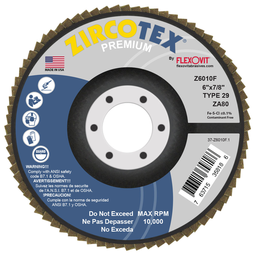 Flexovit Z6010F ZIRCOTEX 6 Inch x 7/8 Inch T-29 Flap Disc, 80 Grit for Grinding & Finishing