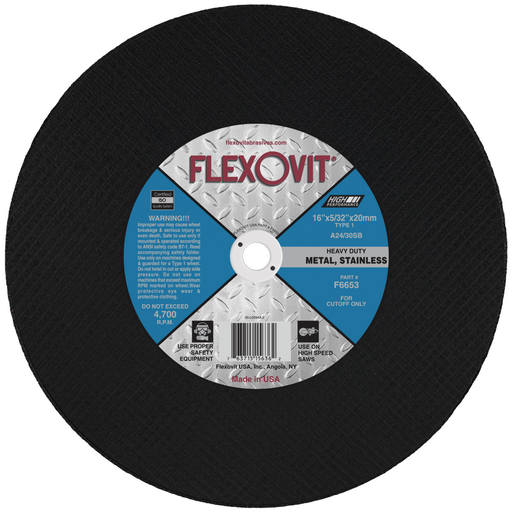 Flexovit A24/30SB Cut-Off Wheel, 16" x 5/32" x 20mm Type 1