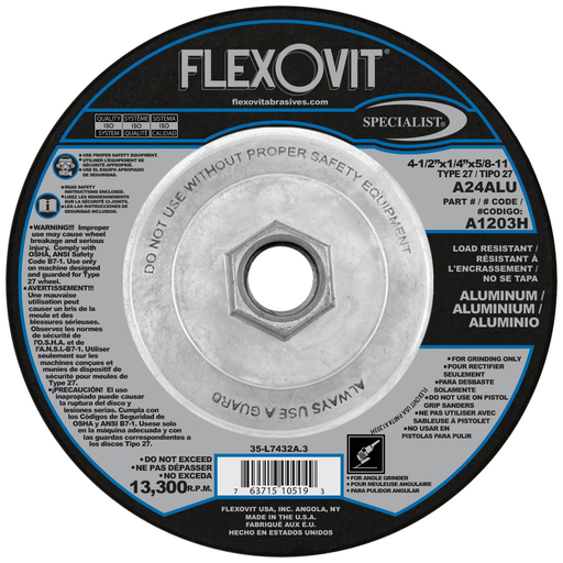 Flexovit A1203H 4-1/2 Inch Type 27 Grinding Wheel for Aluminum, 1/4 Inch Thick, 13300 RPM