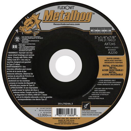 Flexovit A2230 Metalhog 5 Inch Type 27 Depressed Center Grinding Wheel, 1/4 Inch Thick, Max RPM 12,000