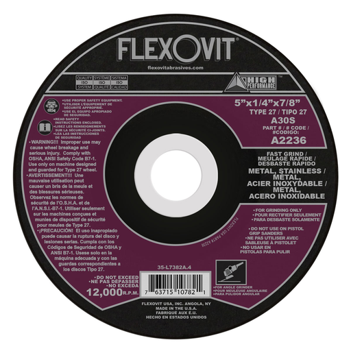 Flexovit A2236 HIGH PERFORMANCE 5 Inch x 1/4 Inch x 7/8 Inch T-27 Grinding Wheel - 12000 MAX RPM