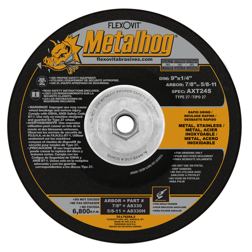 Flexovit A8330H Metalhog 9 Inch x 1/4 Inch x 5/8-11 Depressed Center Grinding Wheel, 6800 RPM