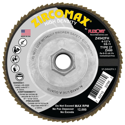 Flexovit Z4542FH ZIRCOMAX 4-1/2 Inch Type 27 Flap Disc, Grit 80, 12000 RPM Max