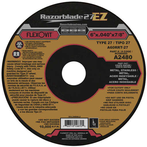 Flexovit A60RRT-27 Cut-Off Wheel, 6" x .040" x 7/8" Type 27