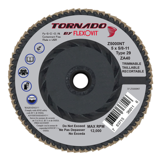 Flexovit Z5000NT TORNADO Flap Disc 5 Inch x 5/8-11, Grit 40, Zirconia Alumina, 12000 RPM Max