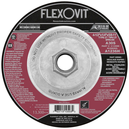 Flexovit A1236H 4-1/2 Inch Type 27 High Performance Grinding Wheel, 1/4 Inch Thick, 13300 RPM Max