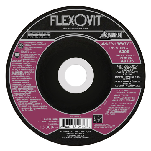 Flexovit A30S Cut-Off Wheel, 4 1/2" x 1/8" x 7/8" Type 27