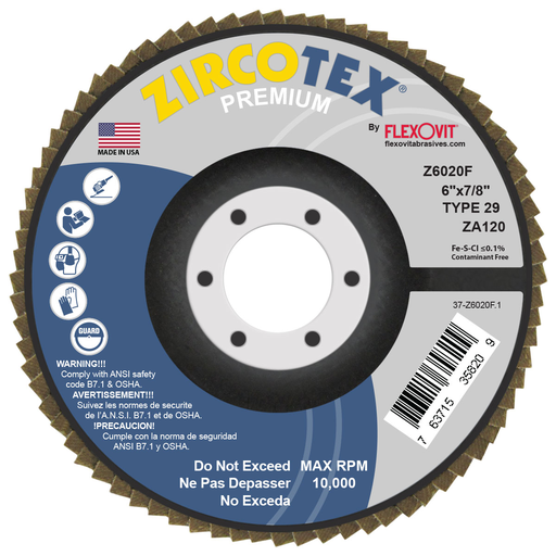 Flexovit Z6020F ZIRCOTEX 6 Inch x 7/8 Inch 120 Grit Type 29 Flap Disc for Angle Grinder