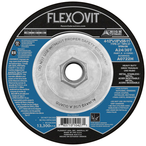 Flexovit A24/30T Cut-Off Wheel, 4 1/2" x 1/8" x 5/8-11" Type 27