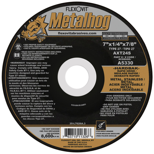 Flexovit A5330 METALHOG 7 Inch x 1/4 Inch x 7/8 Inch Type 27 Grinding Wheel, 8600 RPM