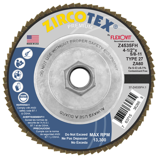 Flexovit Z4535FH ZIRCOTEX 4-1/2 Inch Flap Disc, 60 Grit, Type 27, Maximum 13300 RPM