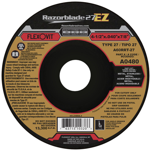 Flexovit A60RRT-27 Cut-Off Wheel, 4 1/2" x .040" x 7/8" Type 27