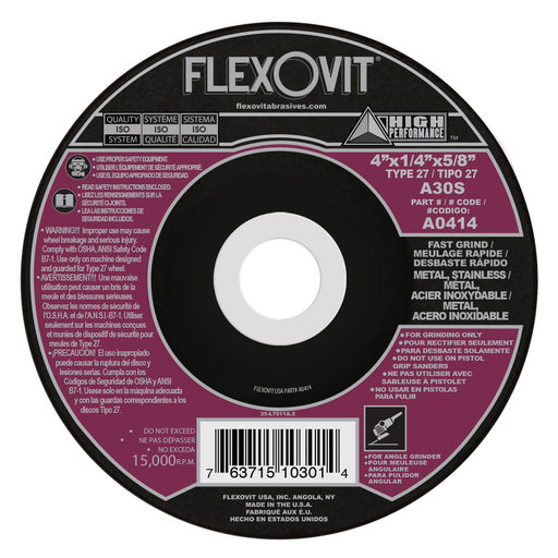 Flexovit A0414 HIGH PERFORMANCE 4 Inch x 1/4 Inch x 5/8 Inch T-27 Grinding Wheel, Max RPM 15000
