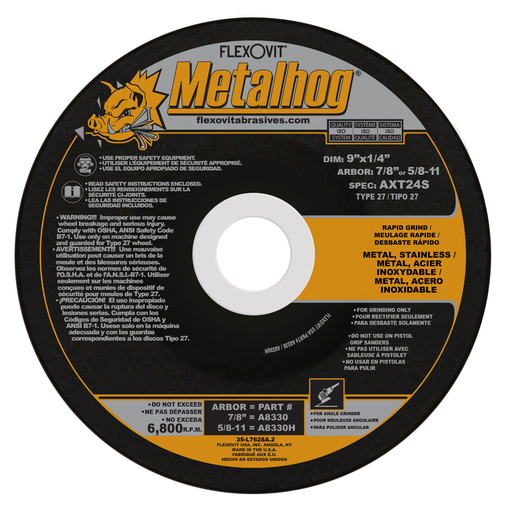 Flexovit A8330 Metalhog Grinding Wheel 9 Inch x 1/4 Inch for Angle Grinder, Max RPM 6800