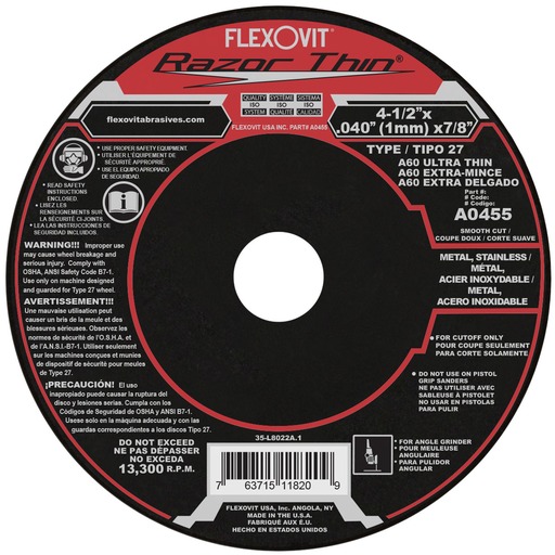 Flexovit A0455 RAZORBLADE 27 Aluminum Oxide Depressed Center Cutoff Wheel