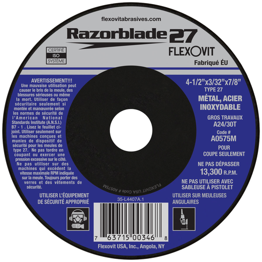 Flexovit A24/30T Cut-Off Wheel, 4 1/2" x 3/32" x 7/8" Type 27