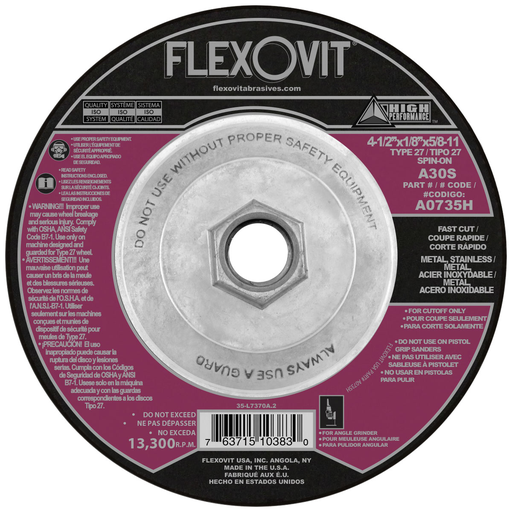 Flexovit A0735H HIGH PERFORMANCE Cut-Off Wheel 30 Grit Aluminum Oxide 4-1/2"x1/8"x5/8-11