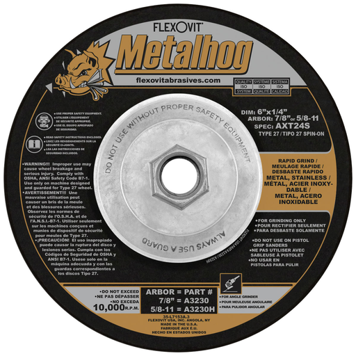 Flexovit A3230H 6 Inch x 1/4 Inch Type 27 Metalhog Grinding Wheel - MAX RPM 10000