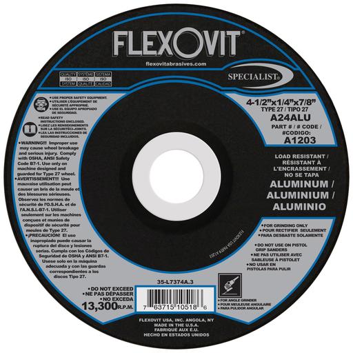 Flexovit A1203 4-1/2 Inch x 1/4 Inch x 7/8 Inch T-27 Grinding Wheel for Aluminum, Max RPM 13,300