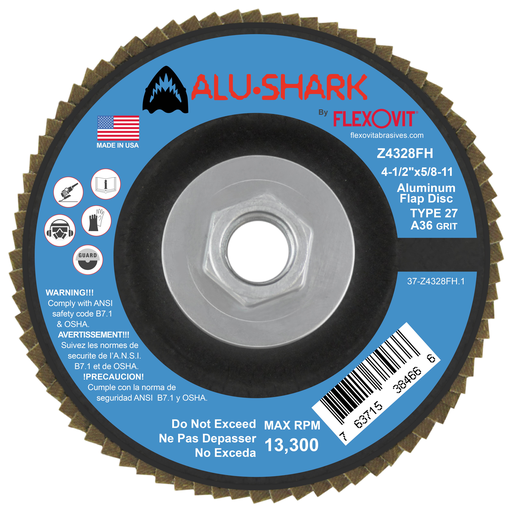 Flexovit® Alushark™ 4-1/2" X 7/8" Grit A36 Type 27 Spin-on Flap Disc