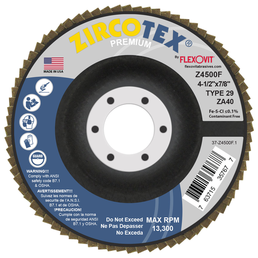 Flexovit Z4500F ZIRCOTEX 4-1/2 Inch x 7/8 Inch Type 29 Flap Disc, Grit 40, Max RPM 13300