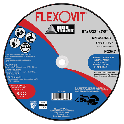 Flexovit® High Performance® 9" X 3/32" X 7/8" Type 1 A36SB High Speed wheel for use on 9inch cordless cutoff saw